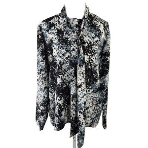Nordstrom Shirt Top Women Size Medium Button Up Tie Neck Black Gray White Blouse